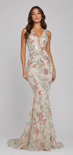 ROSALIND | Blush Floral Sequin Deep V Mermaid Evening Gown