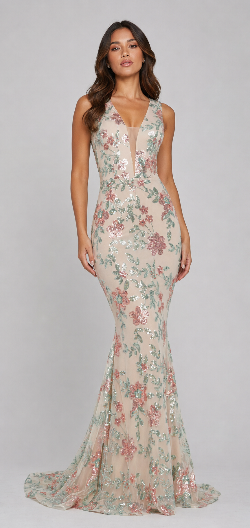 ROSALIND | Blush Floral Sequin Deep V Mermaid Evening Gown