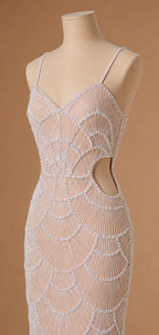 SELENE | Silver Beaded Art Deco Cutout Midi Evening Dress
