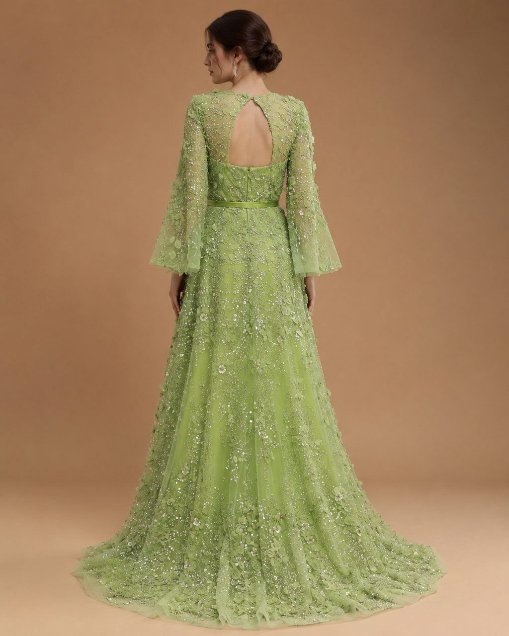 ELARAINE | 3D Floral Beaded V-Neck Bell Sleeve A-Line Formal Gown