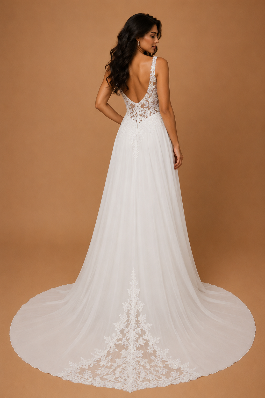 ELYSARA | Plunging V-Neck Lace A-Line Wedding Gown with Illusion Bodice and Chapel Train
