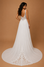 ELYSARA | Plunging V-Neck Lace A-Line Wedding Gown with Illusion Bodice and Chapel Train