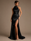 SABINE | Retro Satin Halter High Slit Maxi Dress