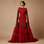 ELARA | Beaded Cape Sleeve Ruffle Train Evening Gown