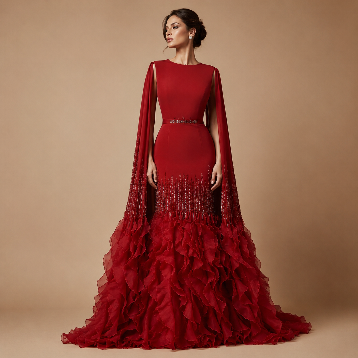 ELARA | Beaded Cape Sleeve Ruffle Train Evening Gown