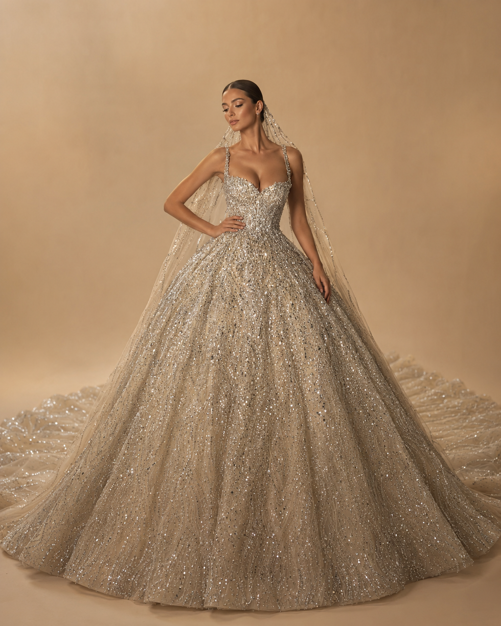 CELESTIA | Sparkly Beaded Rhinestone V-Neck Spaghetti Strap Wedding Dress Bridal Gown