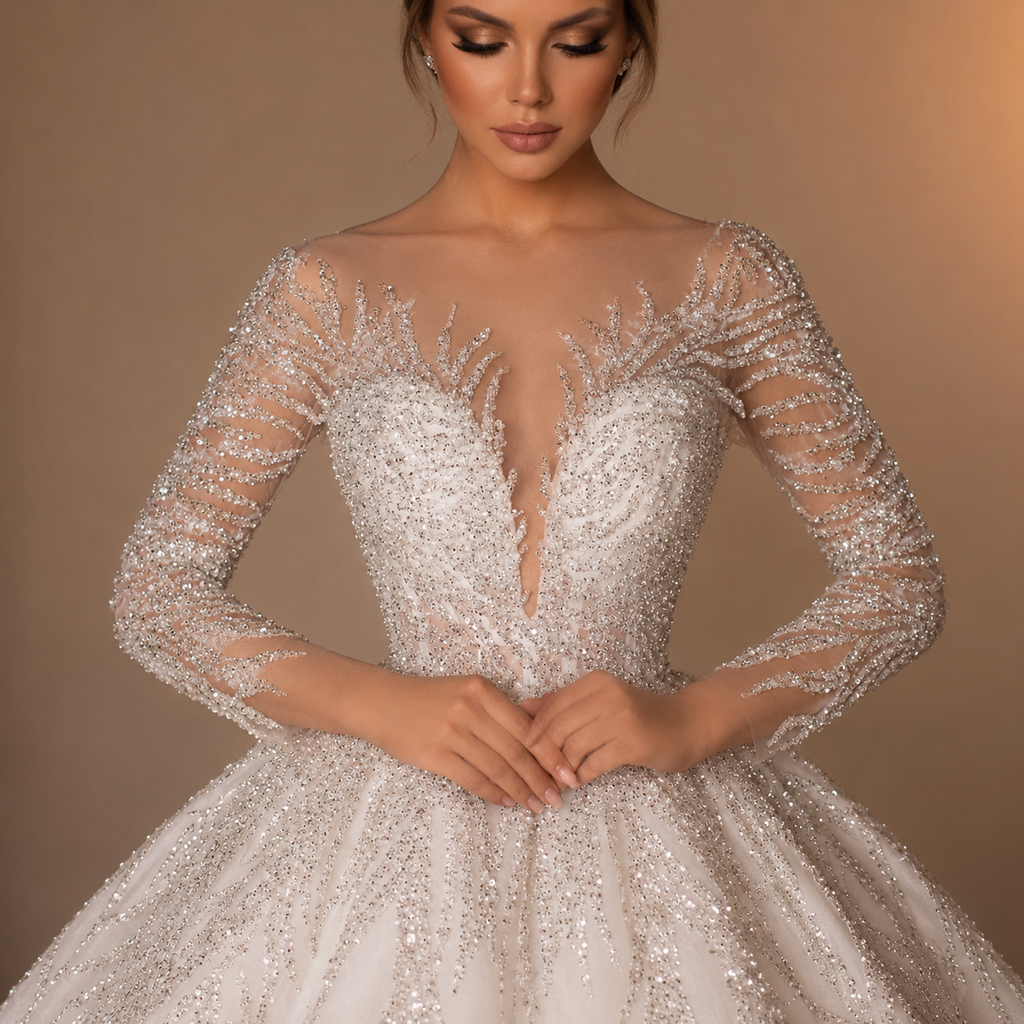 ANASTASIA | Luxury Hand Beaded Long Sleeve Ball Gown Bridal Dress with Long Chapel Train