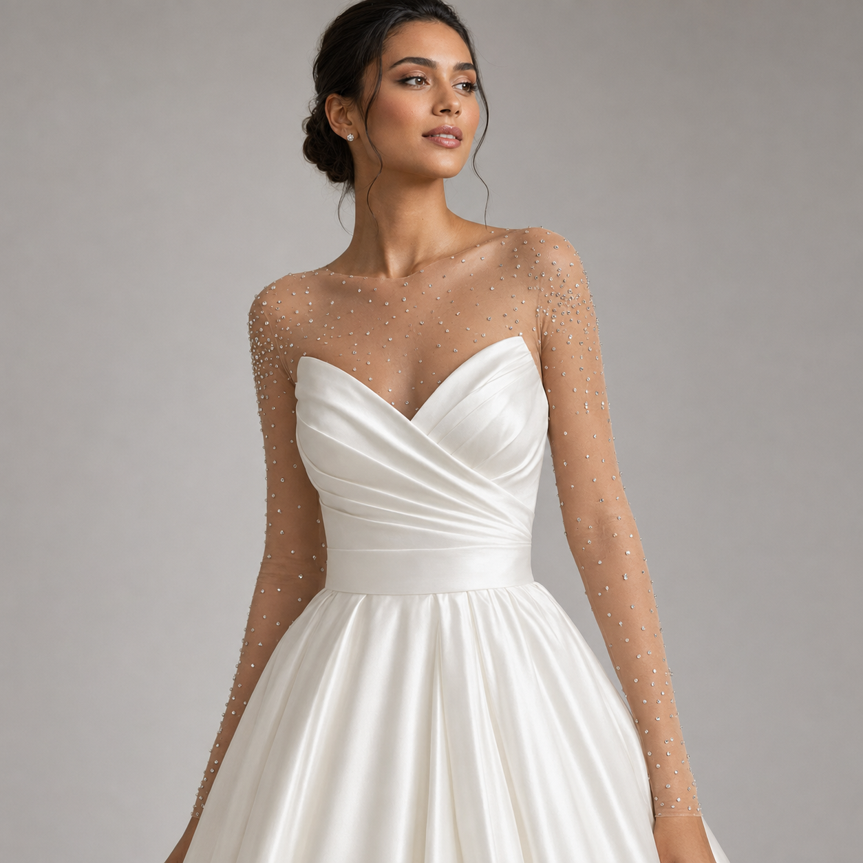 AMARISE | Crystal Illusion Long-Sleeve Sweetheart Satin Ball Gown Wedding Dress