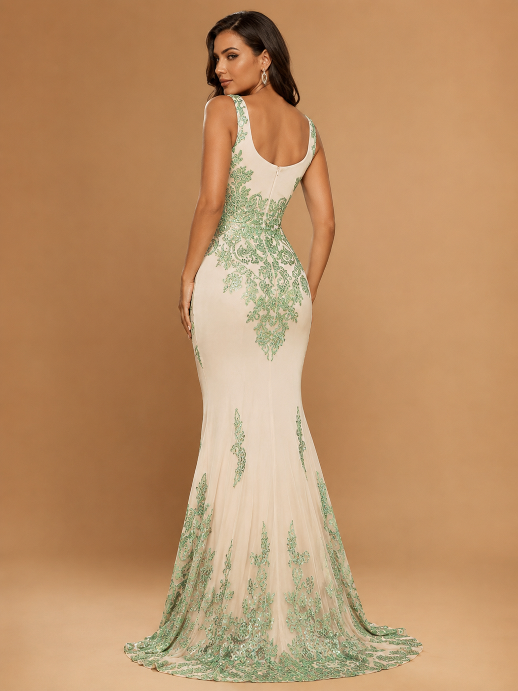 CELESTINE | Ivory & Sapphire Sequin Plunge Mermaid Evening Gown