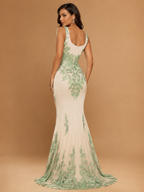 CELESTINE | Ivory & Sapphire Sequin Plunge Mermaid Evening Gown