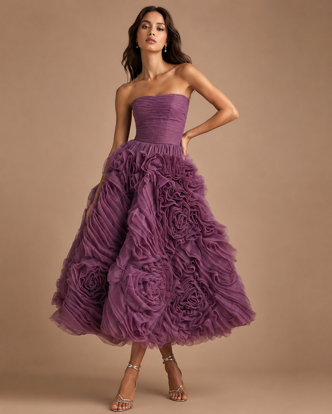 ROSELLARA | Strapless Ruched 3D Floral Ruffle A-Line Tea-Length Formal Dress