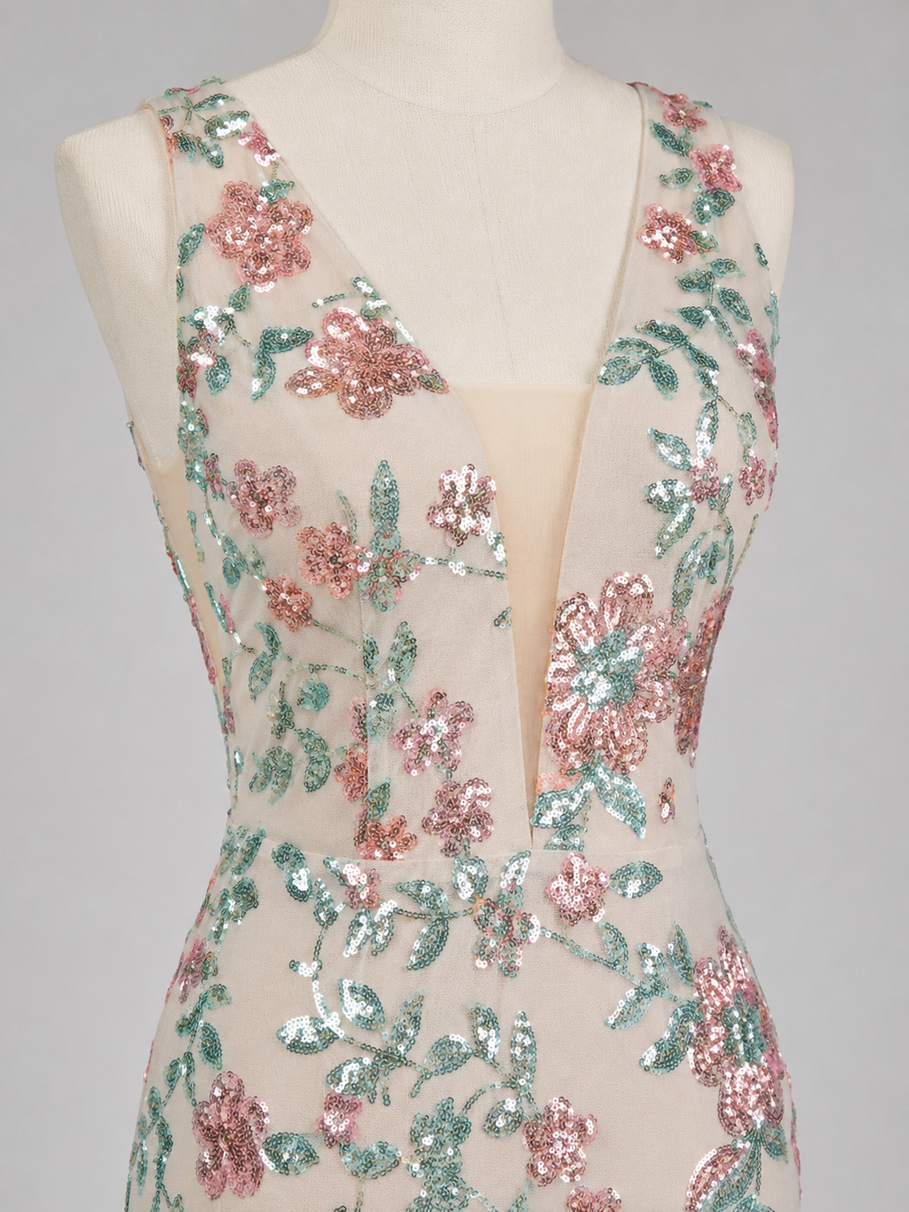 ROSALIND | Blush Floral Sequin Deep V Mermaid Evening Gown