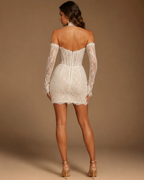 MIRELLE | Pearl-Draped Lace Corset Mini Couture Dress with Off-Shoulder Sleeves