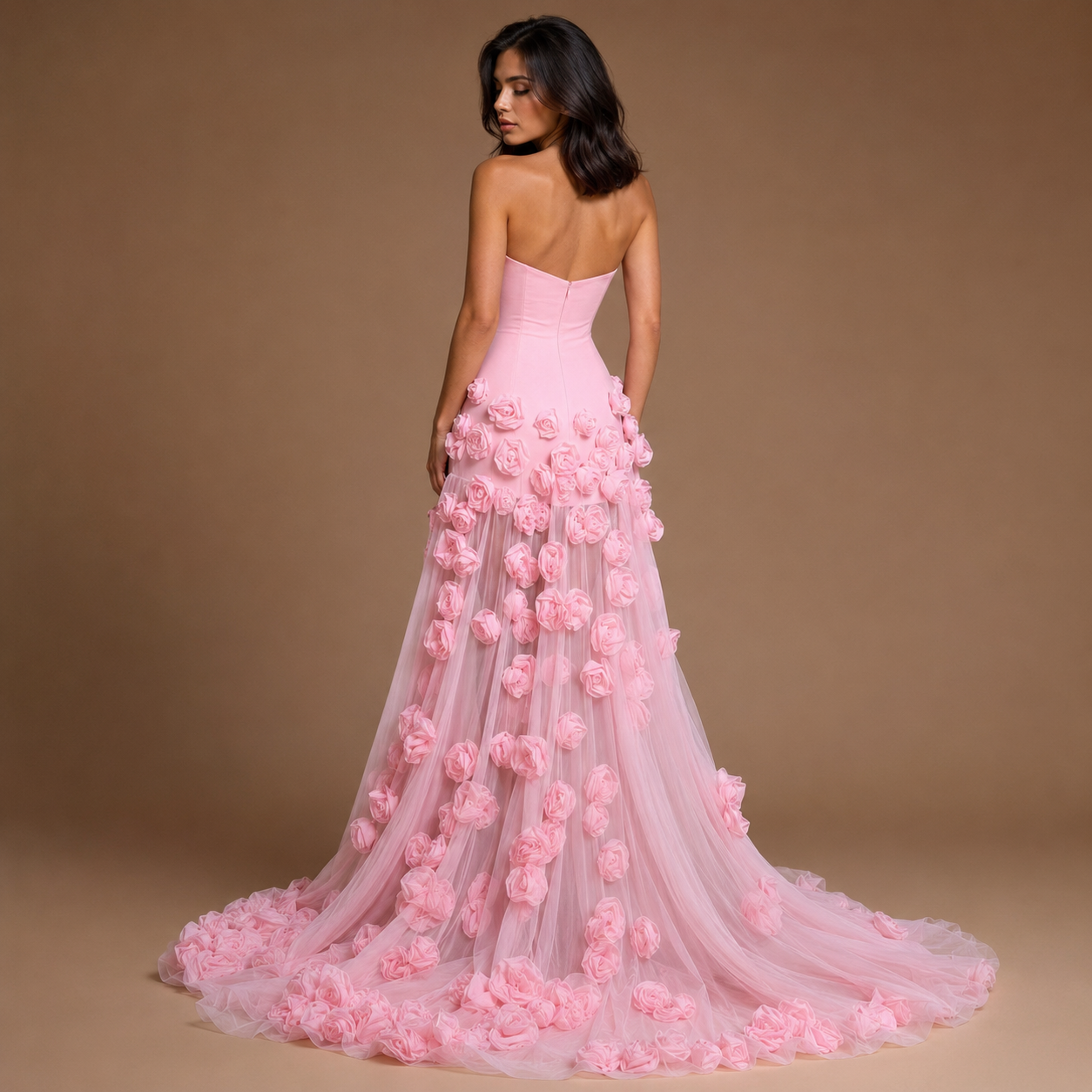 ROSALIE | Pink 3D Rose Strapless High Slit Tulle Evening Gown