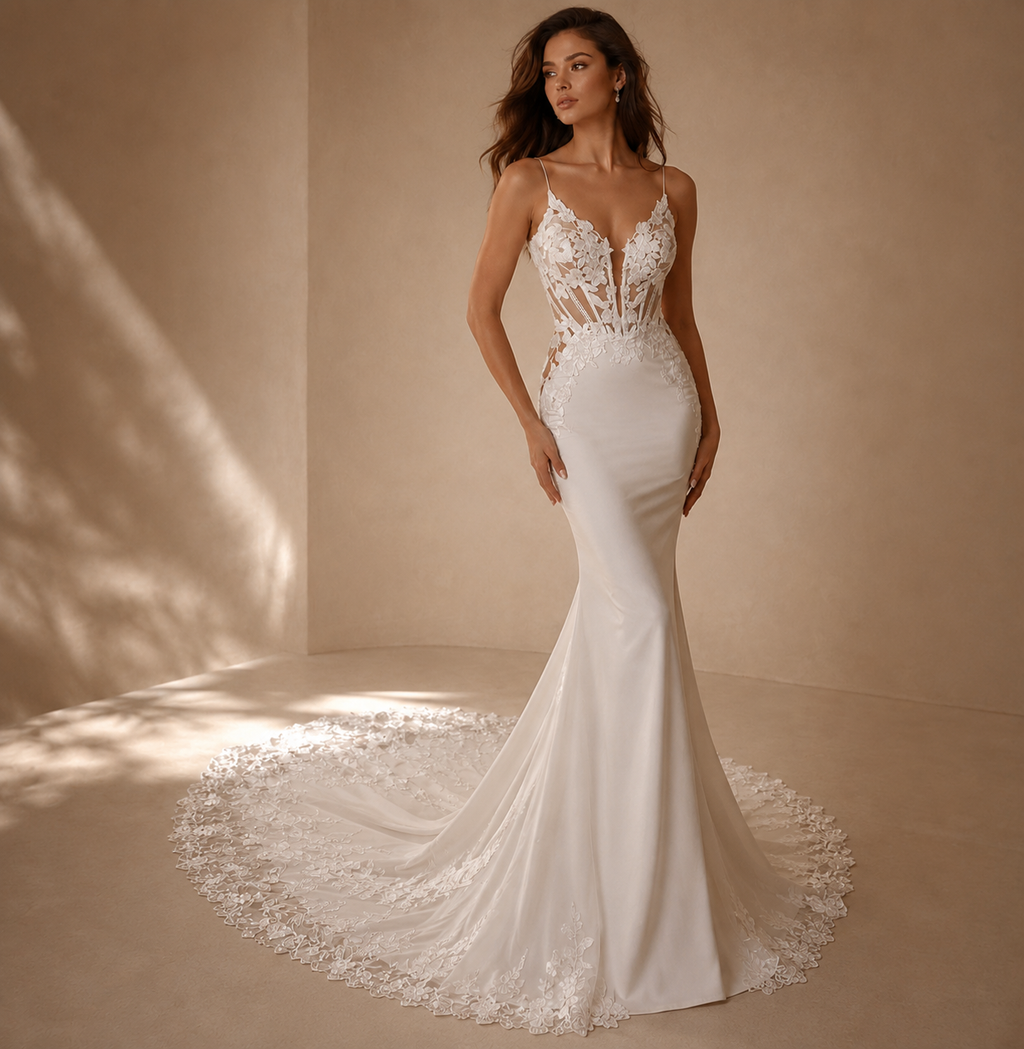 VALENTINA | Spaghetti Strap V-Neck See-Through Appliqué Open Back Mermaid Wedding Dress