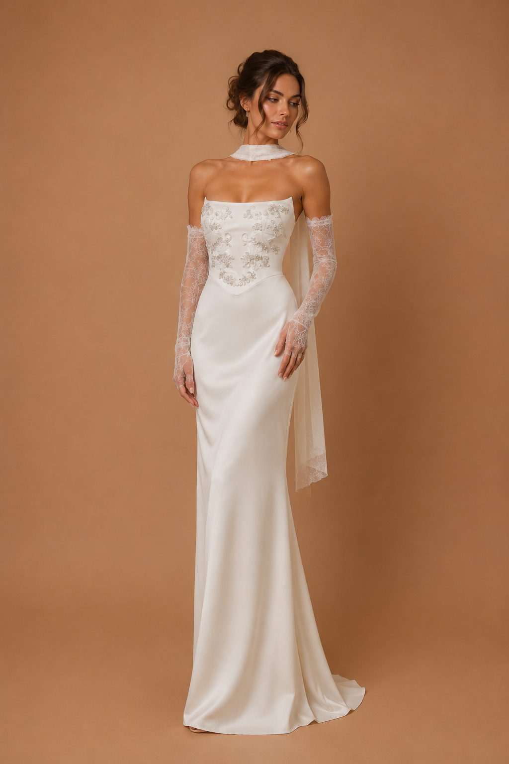 AURELIS | Strapless Embellished Corset Column Wedding Gown with Lace Gloves and Neck Scarf