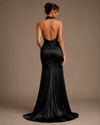 SABINE | Retro Satin Halter High Slit Maxi Dress