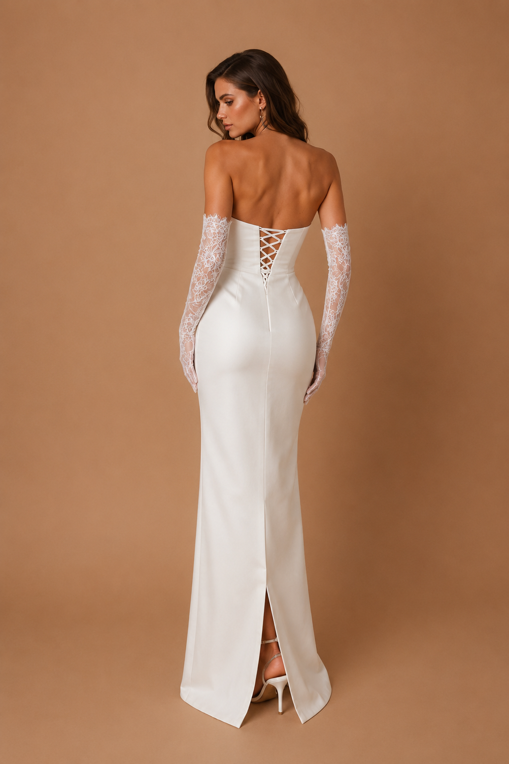 AURELIS | Strapless Embellished Corset Column Wedding Gown with Lace Gloves and Neck Scarf