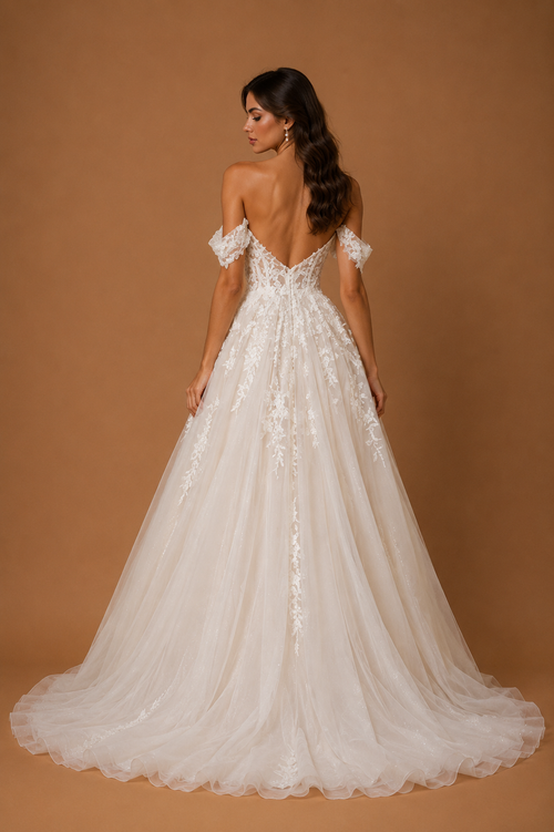 ADELYRA | Off-Shoulder Lace Corset A-Line Wedding Gown with Sweetheart Neckline and Chapel Train
