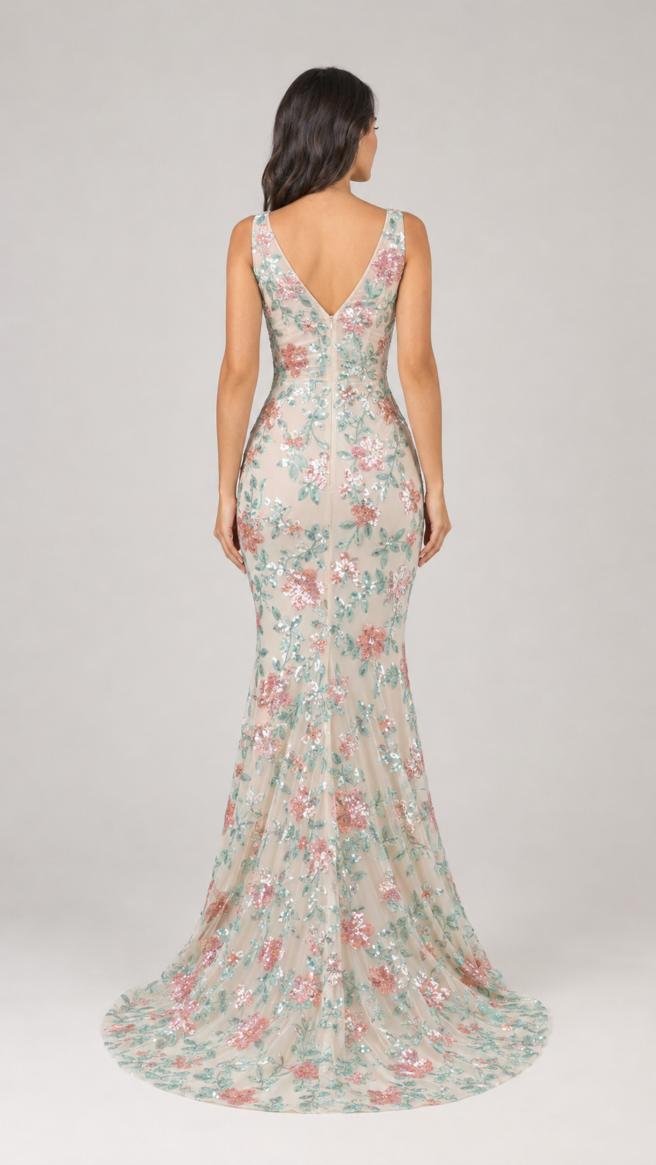 ROSALIND | Blush Floral Sequin Deep V Mermaid Evening Gown