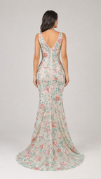 ROSALIND | Blush Floral Sequin Deep V Mermaid Evening Gown