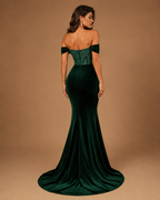 EMERIS | Emerald Green Off-Shoulder Corset Velvet Mermaid Gown