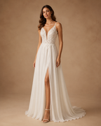 SOLANA | Bohemian V-Neck Appliqué Backless Bridal Gown with Beach Split