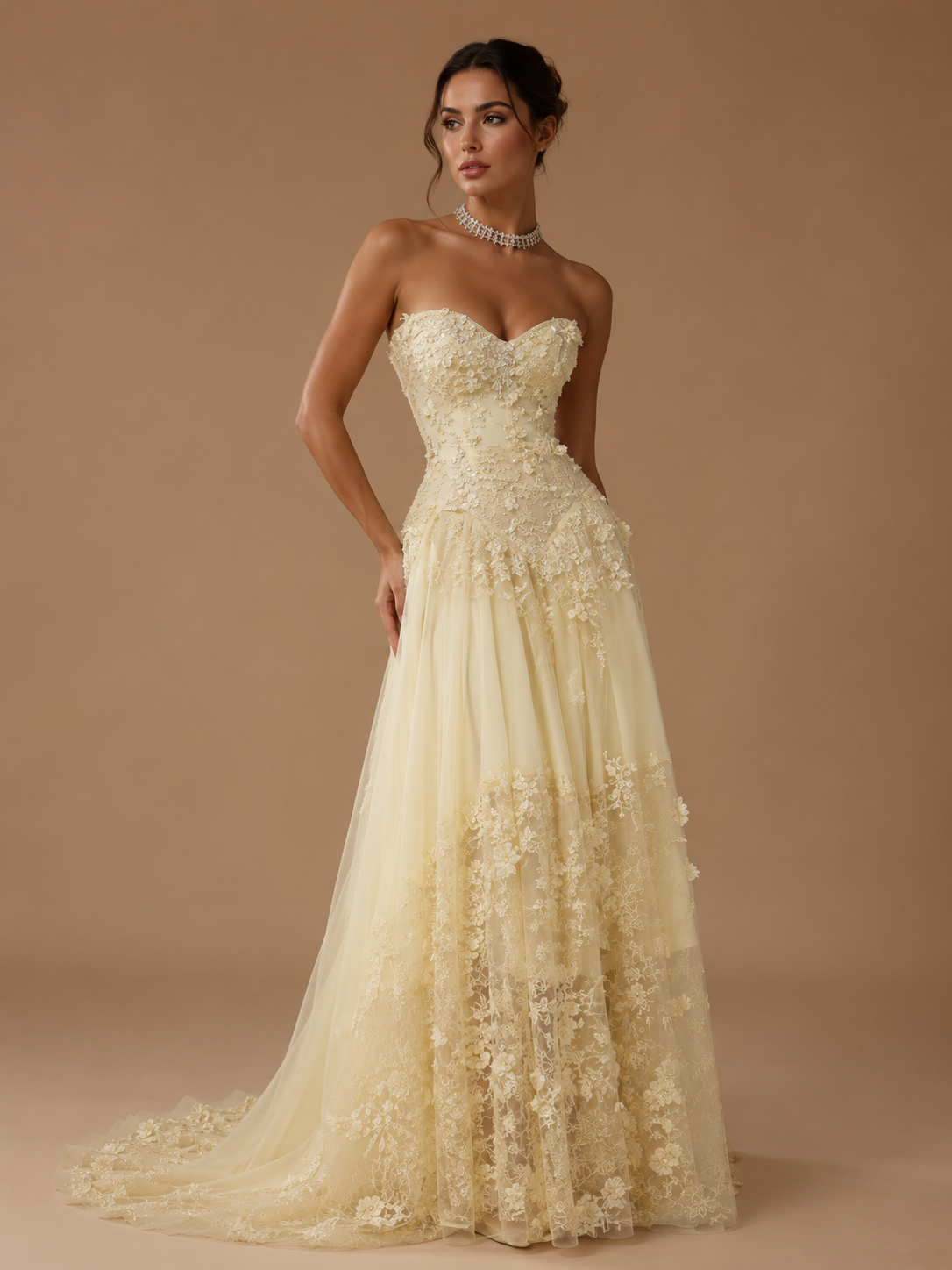 MARIELLE | Yellow Strapless Sequin Appliqué Floor-Length Evening Gown