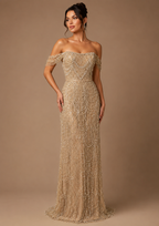 EVANTHIA | Pearl Beaded Off-Shoulder A-Line Formal Evening Gown