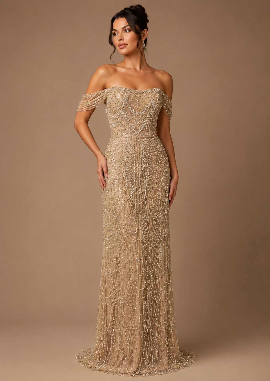 EVANTHIA | Pearl Beaded Off-Shoulder A-Line Formal Evening Gown