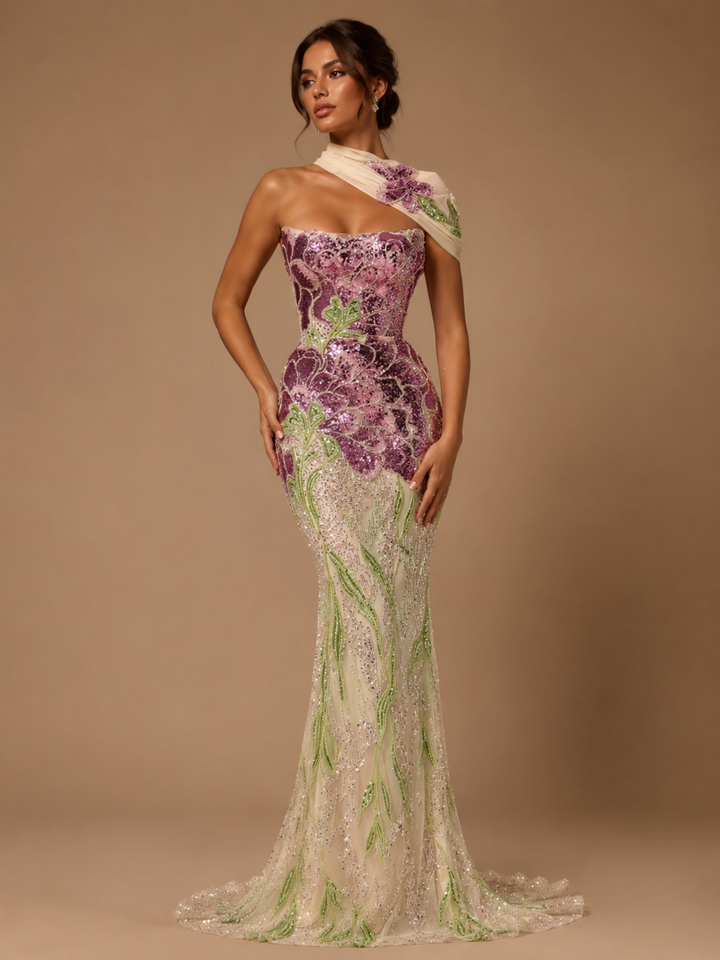 LILIANNE | Purple Floral Beaded Strapless Mermaid Evening Gown
