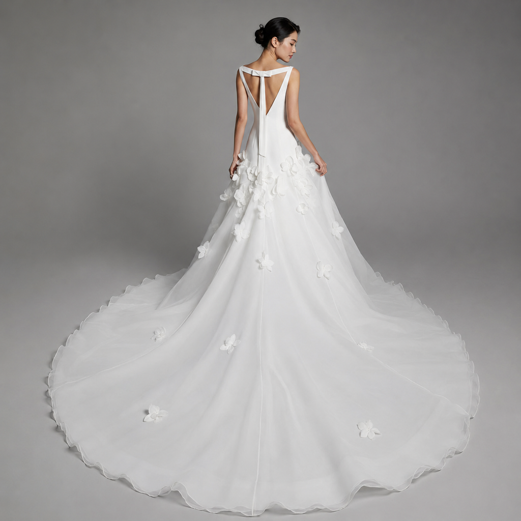 SOLENNE | 3D Floral Appliqué Drop-Waist V-Neck Ball Gown Wedding Dress