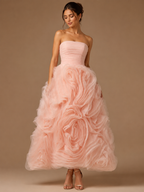 ROSELLARA | Strapless Ruched 3D Floral Ruffle A-Line Tea-Length Formal Dress