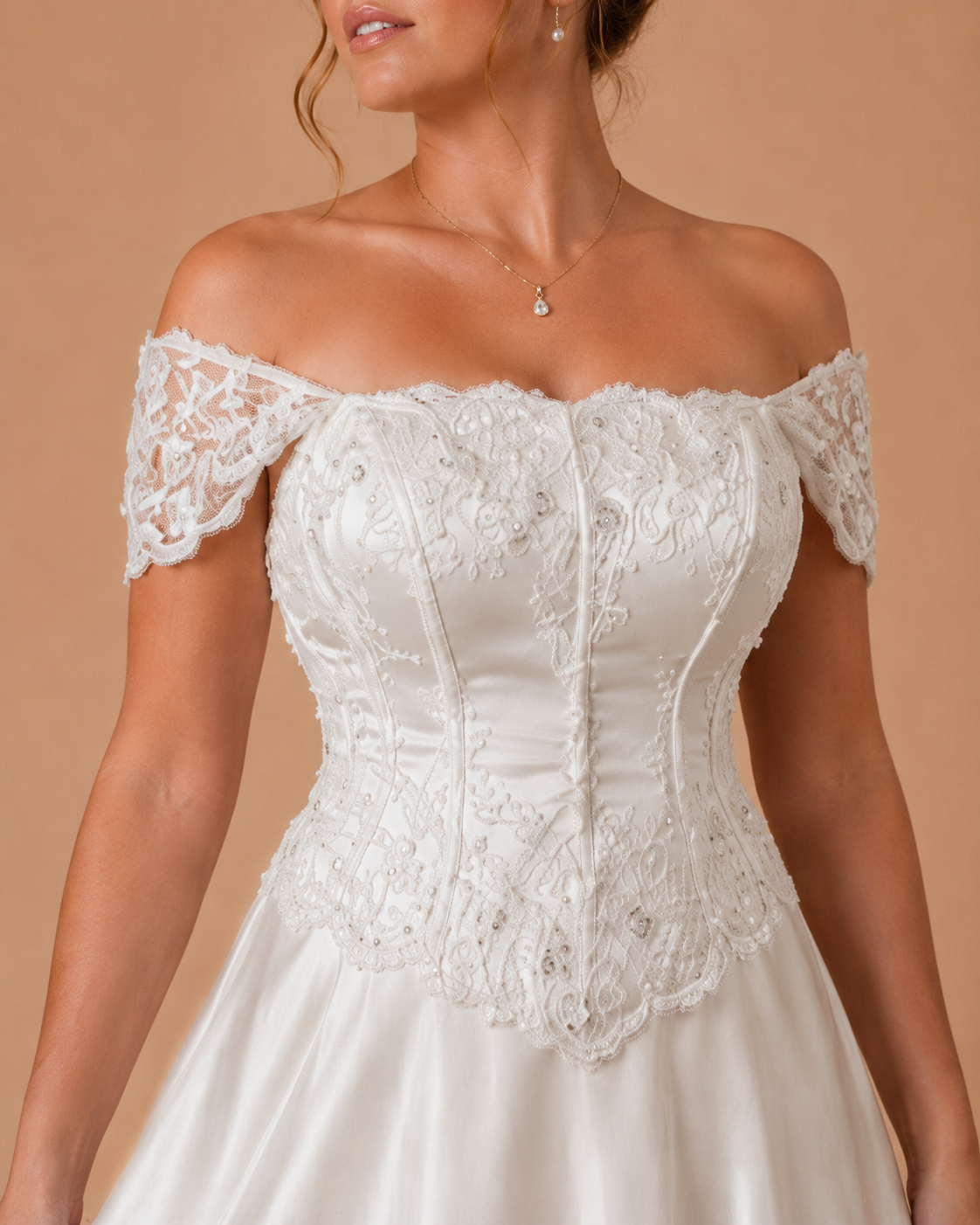 MARISTELLA | Off-Shoulder Lace Corset Satin A-Line Wedding Dress with Beaded Appliqué and Scalloped Hem