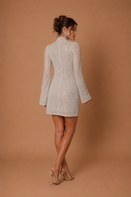 CELESTINE | High-Neck Long Sleeve Sequin Mini Wedding Reception Dress with Draped Asymmetrical Skirt