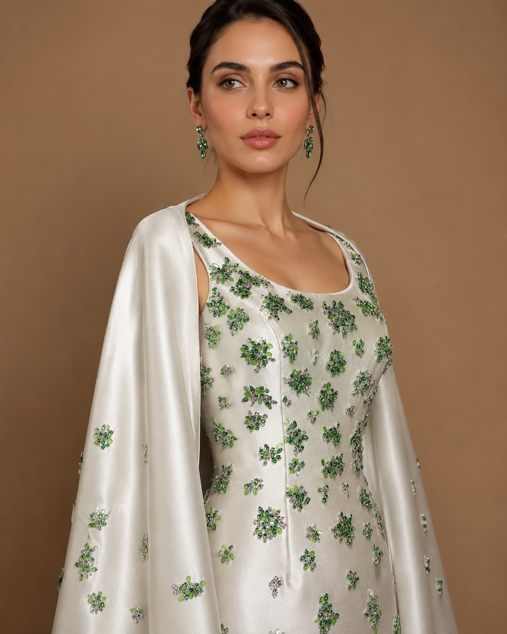 VERDESSA | Crystal Floral Embellished Column Gown with Draped Cape