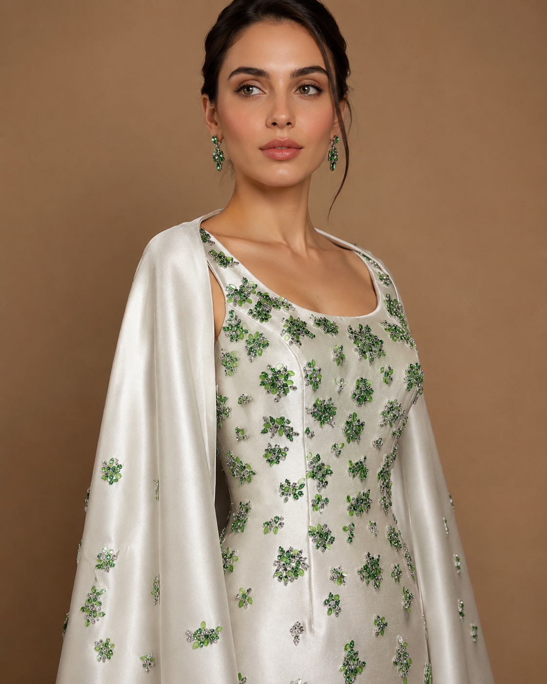 VERDESSA | Crystal Floral Embellished Column Gown with Draped Cape