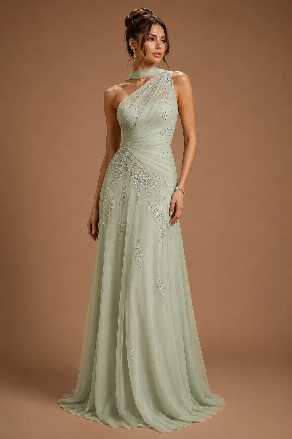 ELARA | Light Green Floral Embroidered One Shoulder A-Line Gown