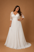 MARISTELLE | Plus Size V-Neck Lace Sleeve A-Line Wedding Dress with Chapel Train