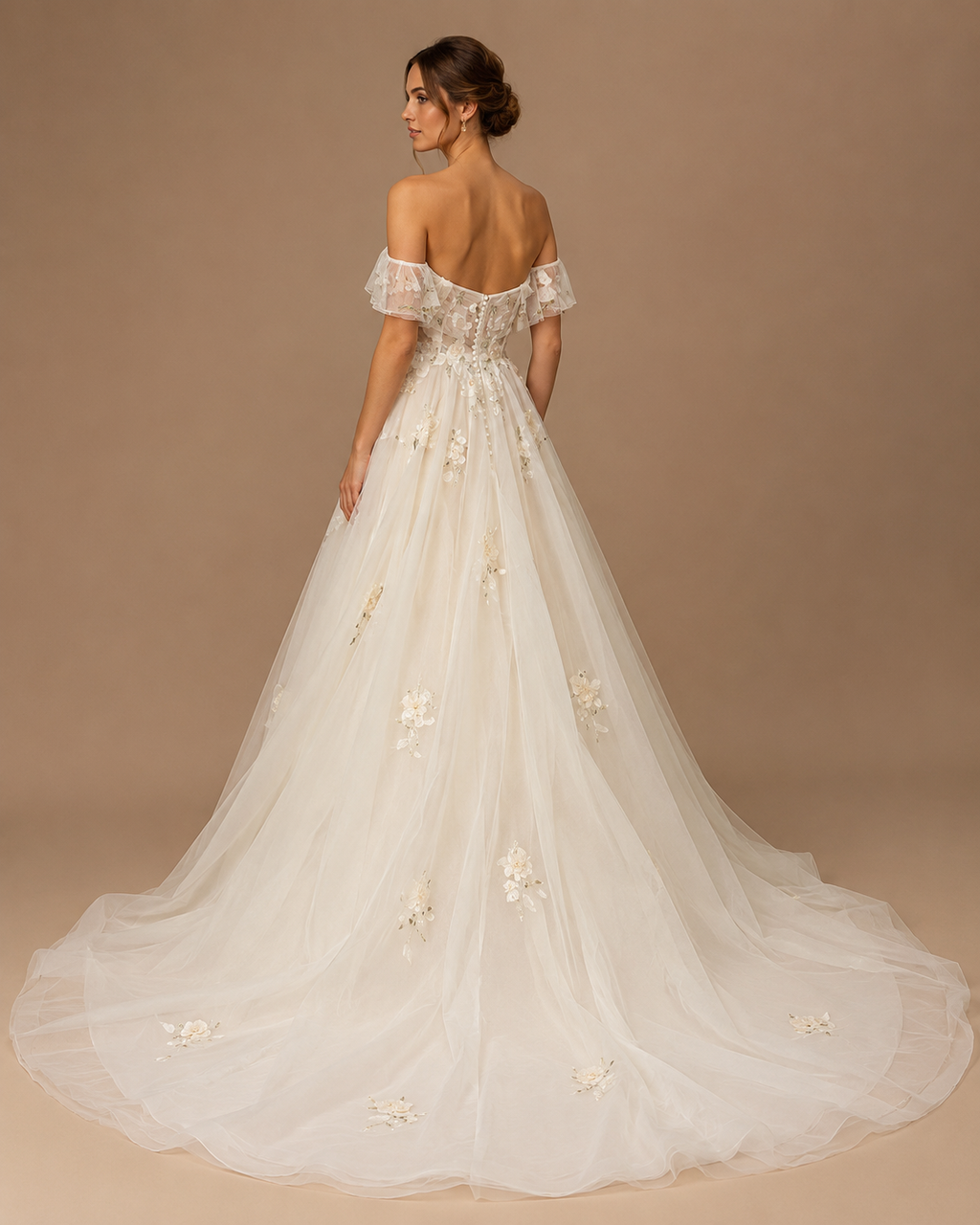 ELOWEN | Romantic Off-Shoulder Floral Lace A-Line Wedding Dress with Sweetheart Corset Bodice and Cathedral Train