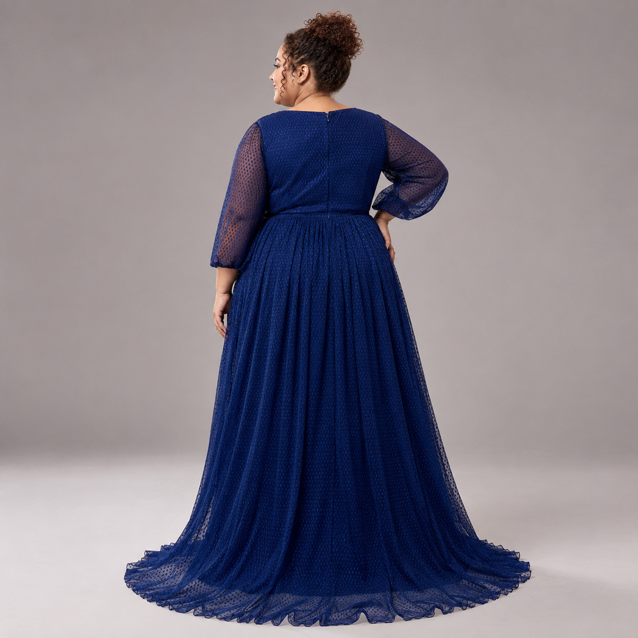 NADIRA | Plus-Size Navy Blue Sheer Sleeve A-Line Evening Gown