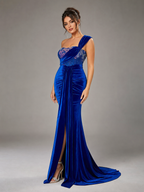 ZARINA | Royal Blue Velvet One-Shoulder Plus-Size Evening Gown