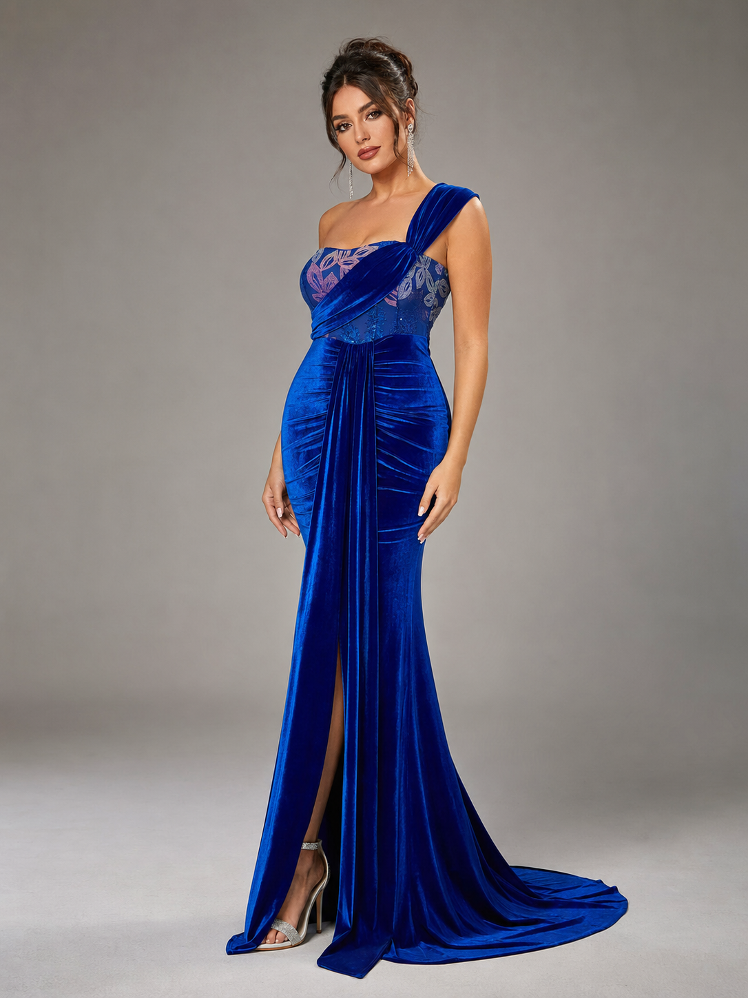 ZARINA | Royal Blue Velvet One-Shoulder Plus-Size Evening Gown