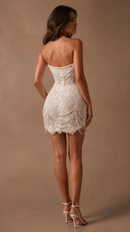 ODELISSE | Pearl-Draped Strapless Lace Corset Couture Mini Dress