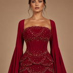 SERAPHINA | Hand-Beaded Corset Draped-Sleeve Chiffon Evening Gown