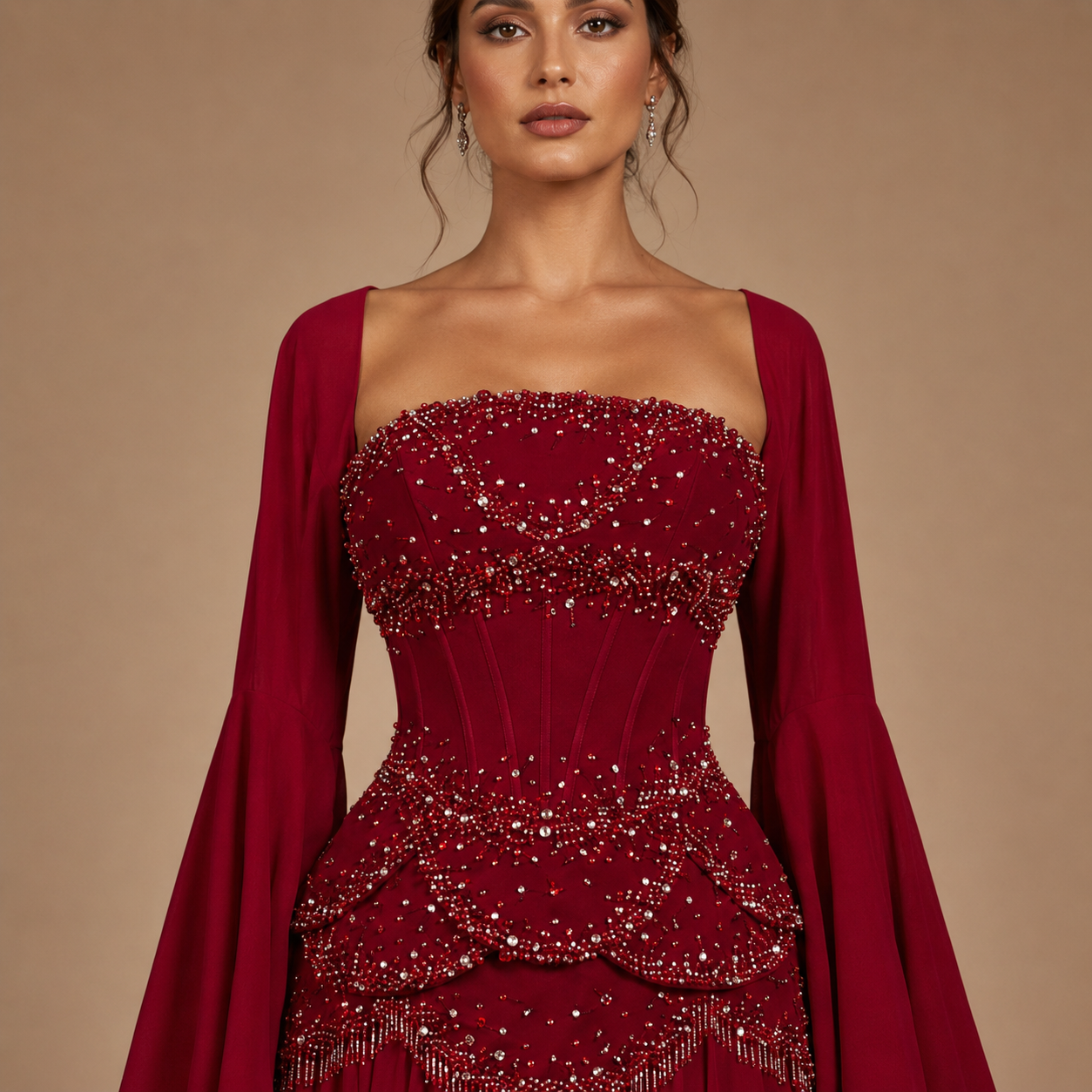SERAPHINA | Hand-Beaded Corset Draped-Sleeve Chiffon Evening Gown