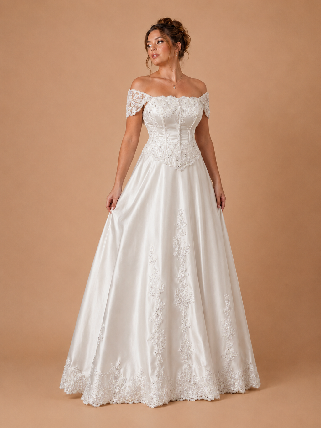 MARISTELLA | Off-Shoulder Lace Corset Satin A-Line Wedding Dress with Beaded Appliqué and Scalloped Hem