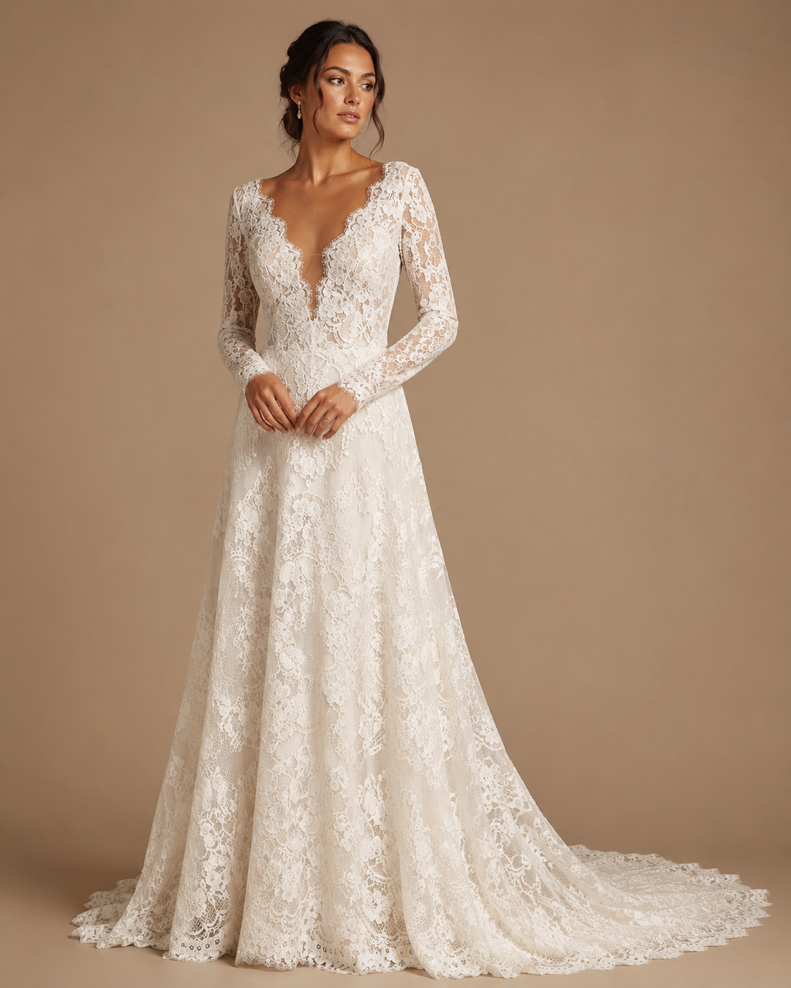 VIRELIA | Long Sleeve Lace A-Line Wedding Dress with Illusion Plunge