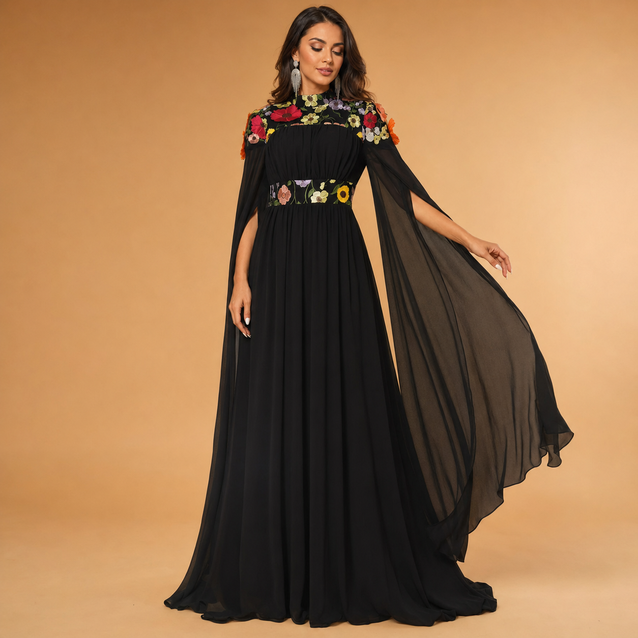 ZAFIRA | Black Floral Embroidered Cape-Sleeve A-Line Evening Gown