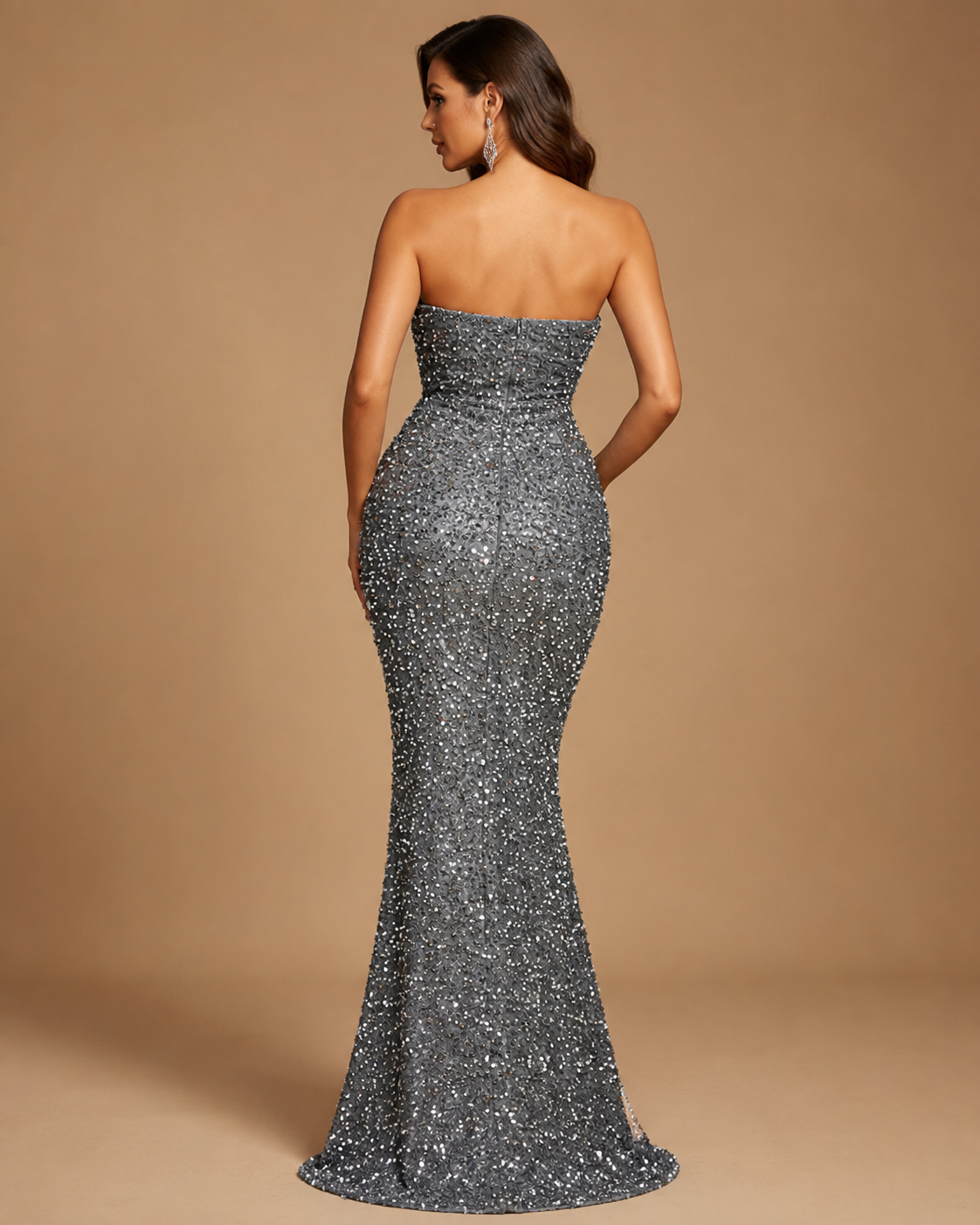 VARESSA | Silver Crystal Sequin Strapless Mermaid Evening Gown